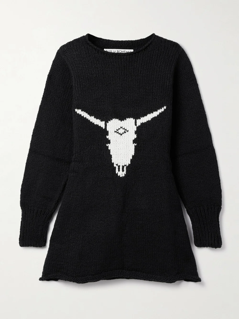 Alix Of Bohemia Renny Cow Skull Intarsia Organic Cotton Mini Dress in black