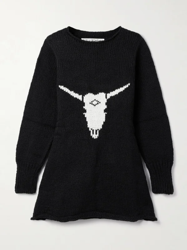 Alix Of Bohemia Renny Cow Skull Intarsia Organic Cotton Mini Dress
