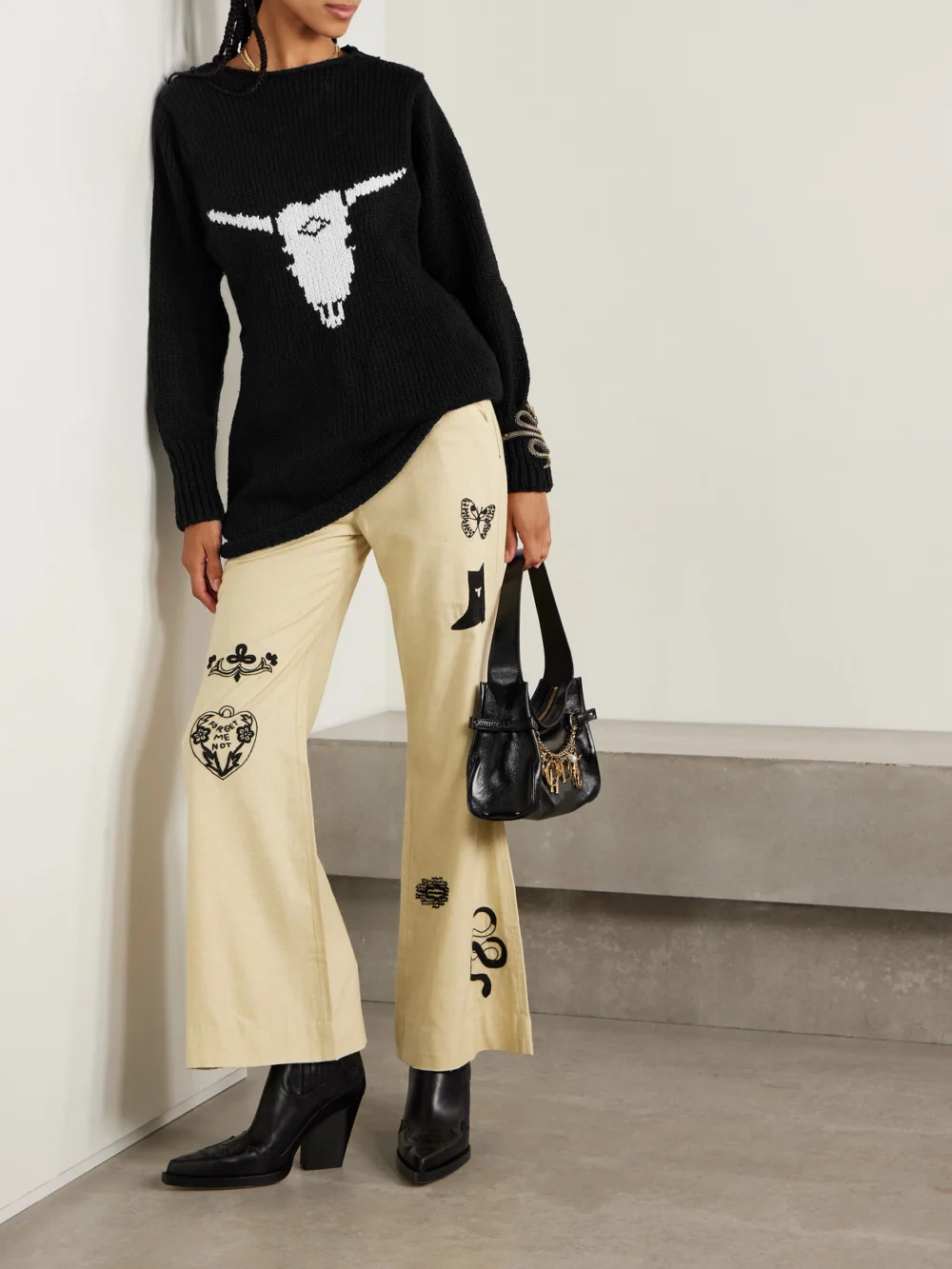 Alix Of Bohemia Renny Cow Skull Intarsia Organic Cotton Mini Dress, worn by a model