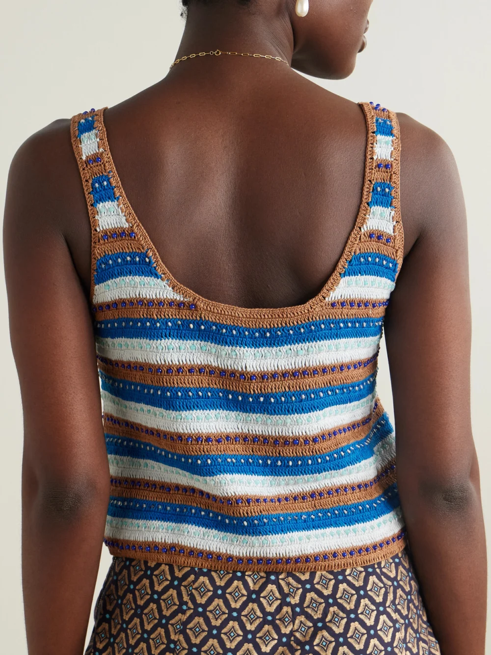 Back view of the Alix Of Bohemia Tina Lowtide Embellished Striped Crocheted Cotton Tank
