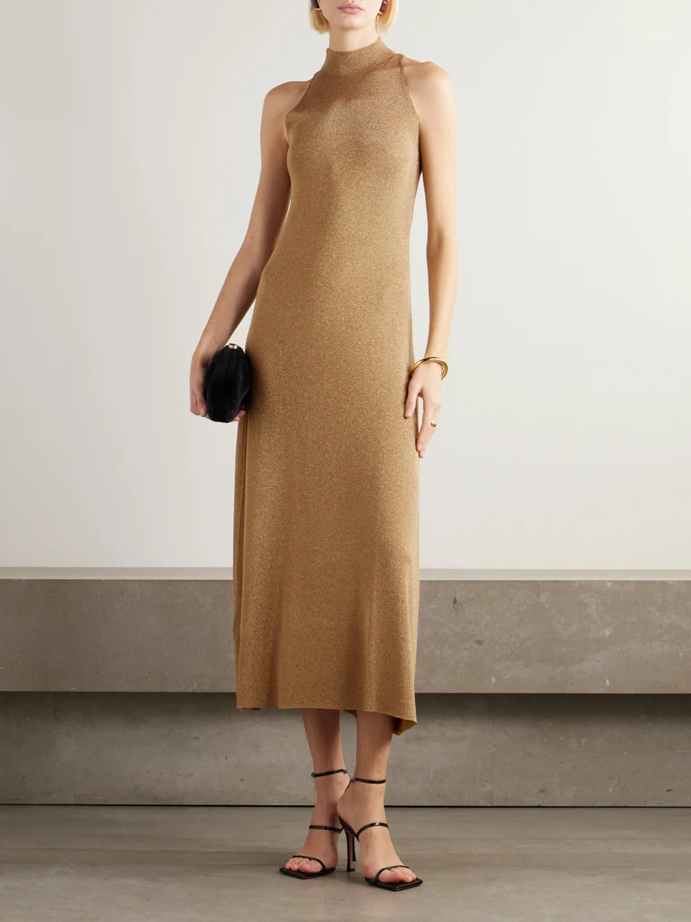 Altuzarra Mitzi Metallic Knitted Turtleneck Midi Dress, worn by a model