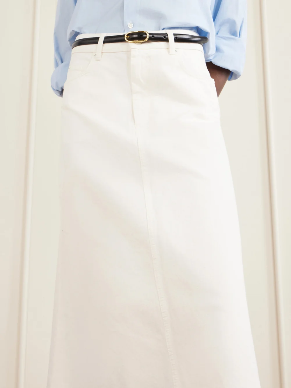 Close-up detail of the Ami Paris Denim Midi Skirt