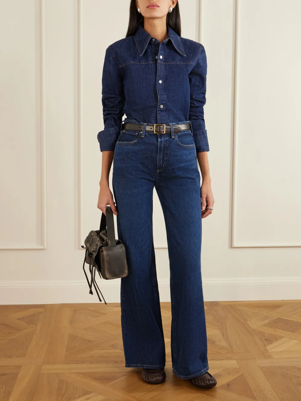 Ami Paris Paneled Denim Shirt, worn by a model