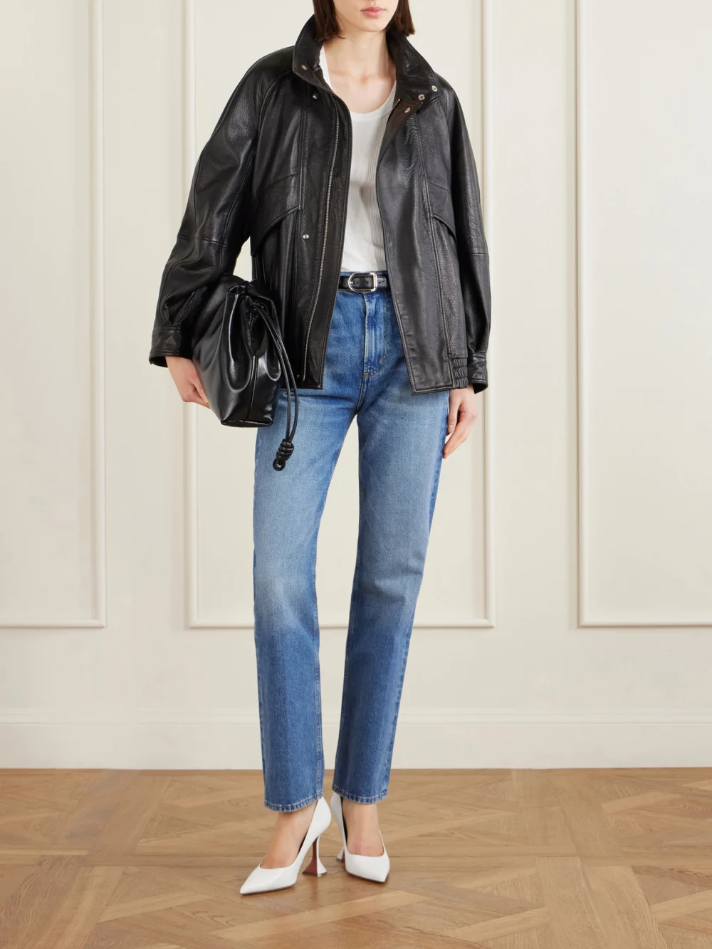 Amina Muaddi Ami 95 Leather Pumps, styled view