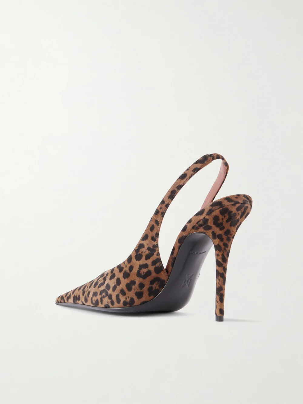 Back view of the Amina Muaddi Anok 105 Leopard-print Suede Slingback Pumps