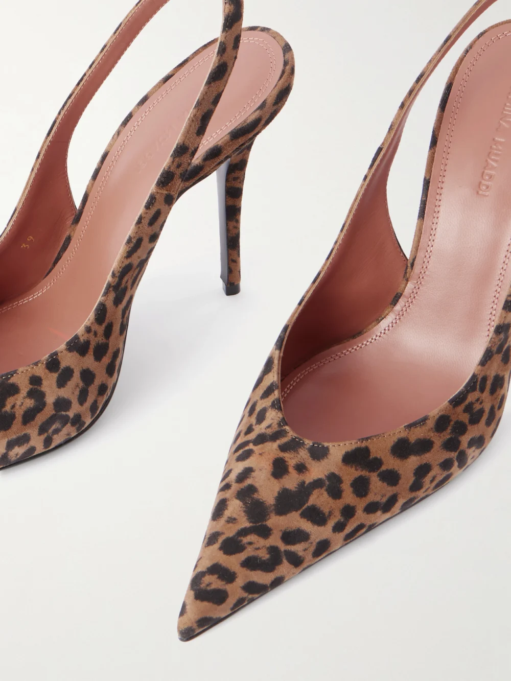Close-up detail of the Amina Muaddi Anok 105 Leopard-print Suede Slingback Pumps