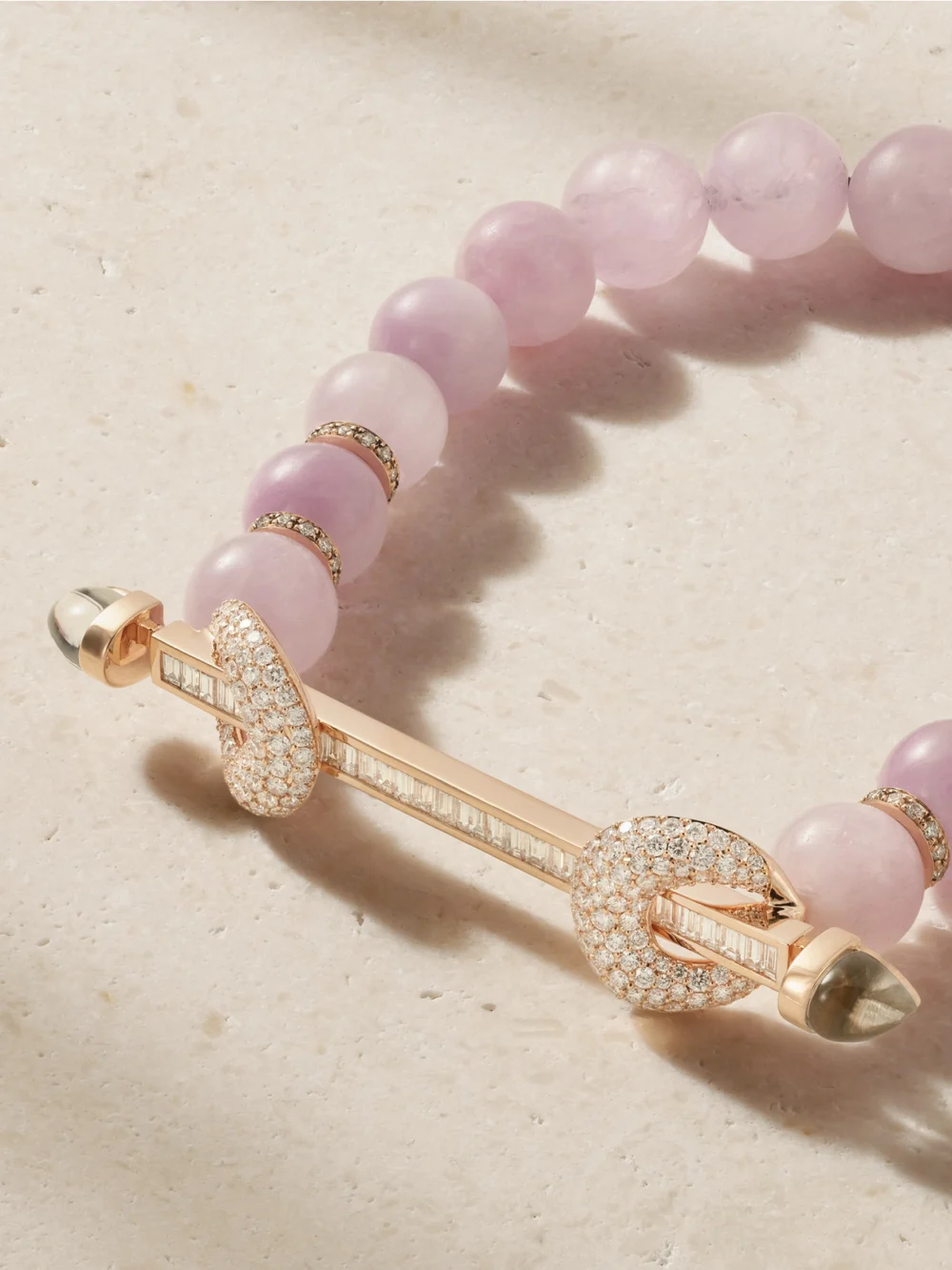 Close-up detail of the Ananya 18-karat Rose Gold Diamond Kunzite and Quartz Bracelet