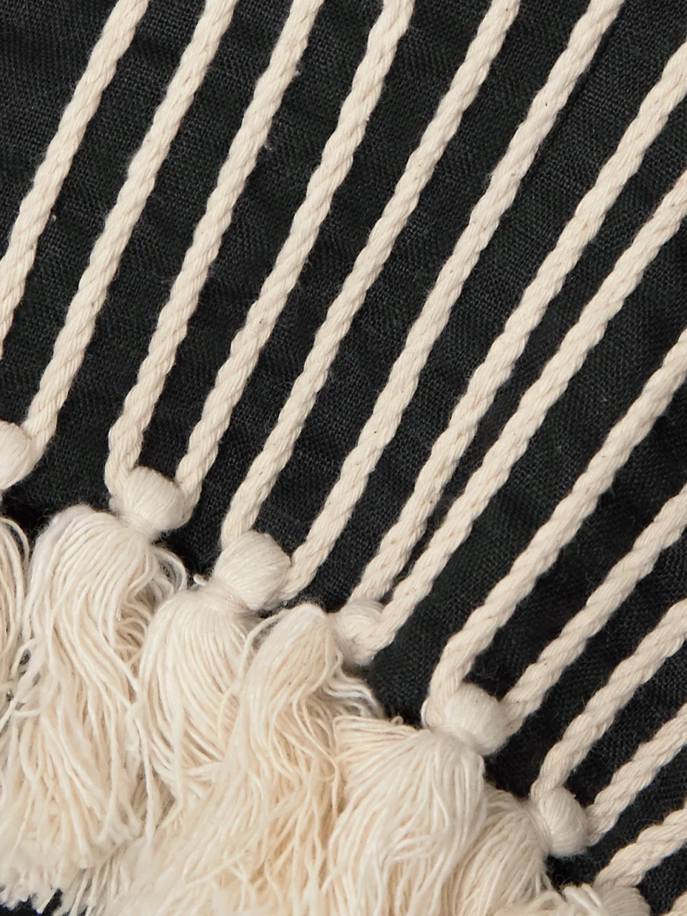 Close-up detail of the Andres Otalora Escuchas Cropped Strapless Tasseled Embroidered Linen Top
