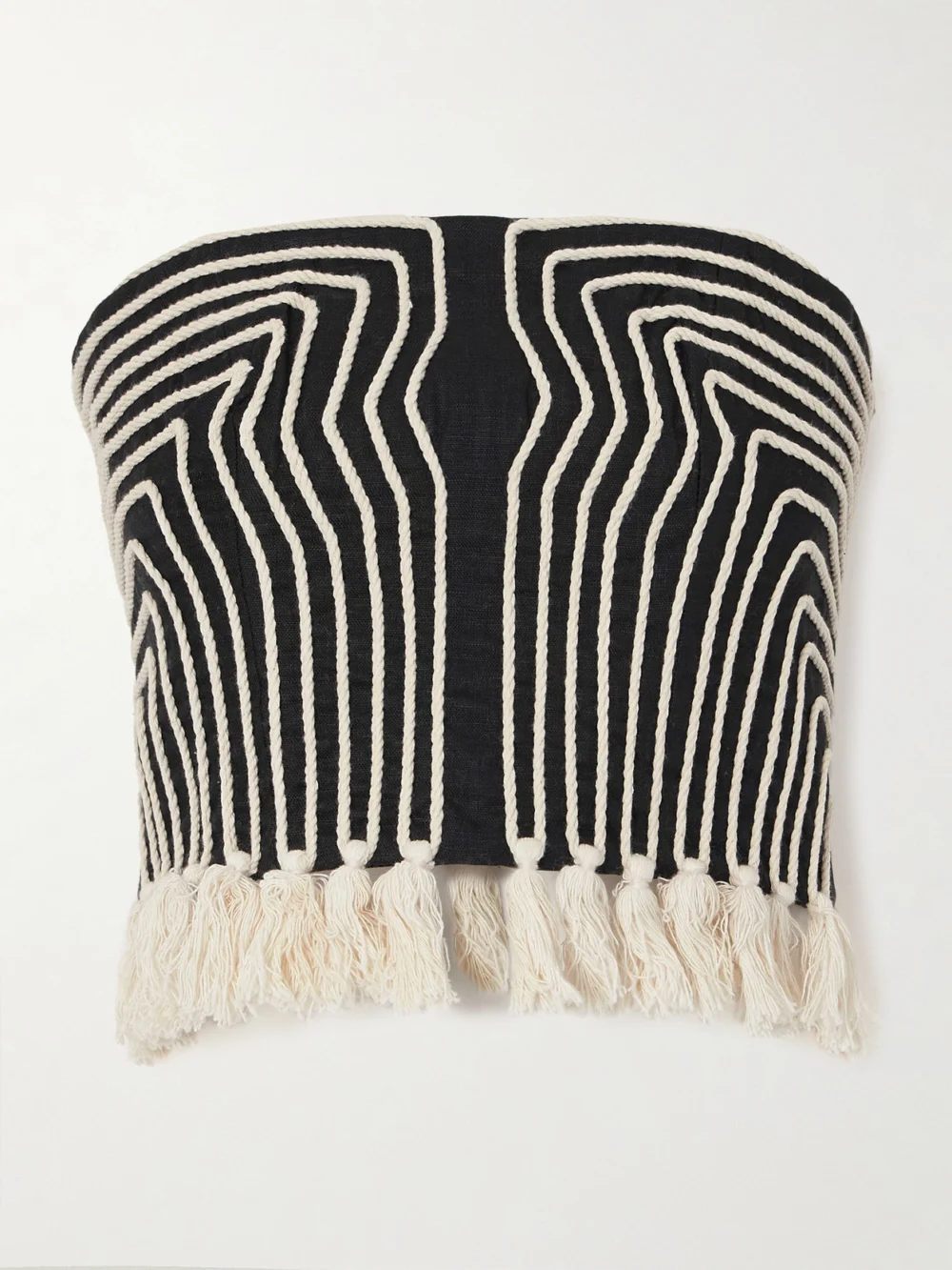 Andres Otalora Escuchas Cropped Strapless Tasseled Embroidered Linen Top in black