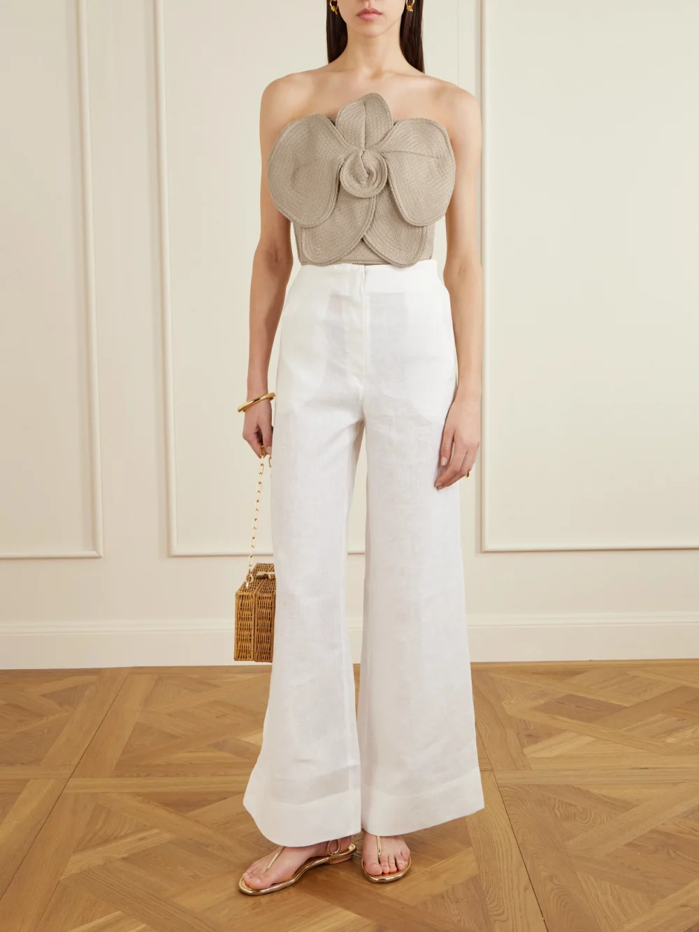 Andres Otalora Florencia Appliquéd Strapless Cropped Woven Top, worn by a model