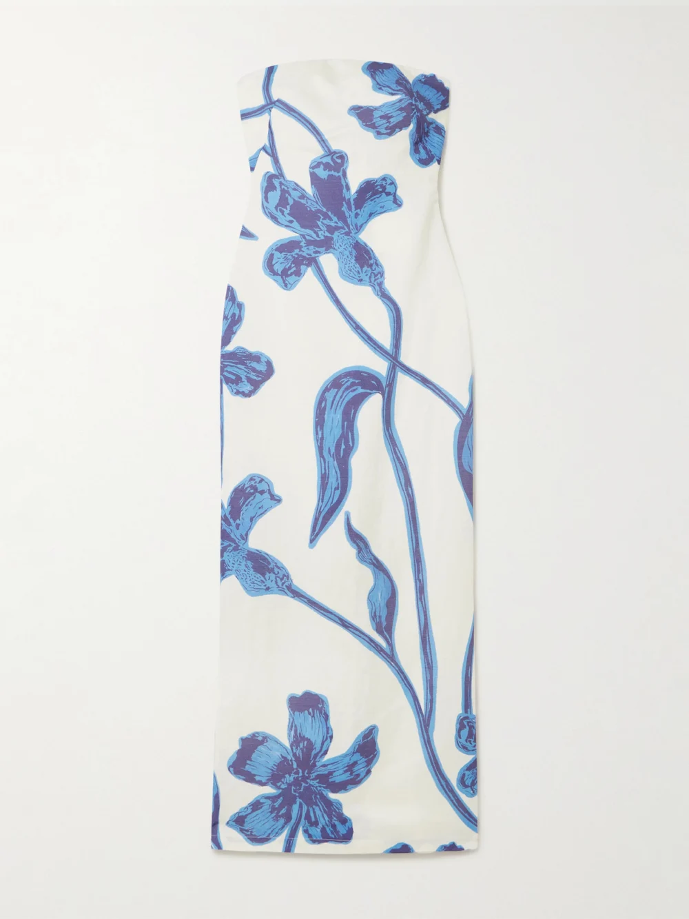 Andres Otalora Nosso Amor Strapless Floral-print Linen Maxi Dress in blue