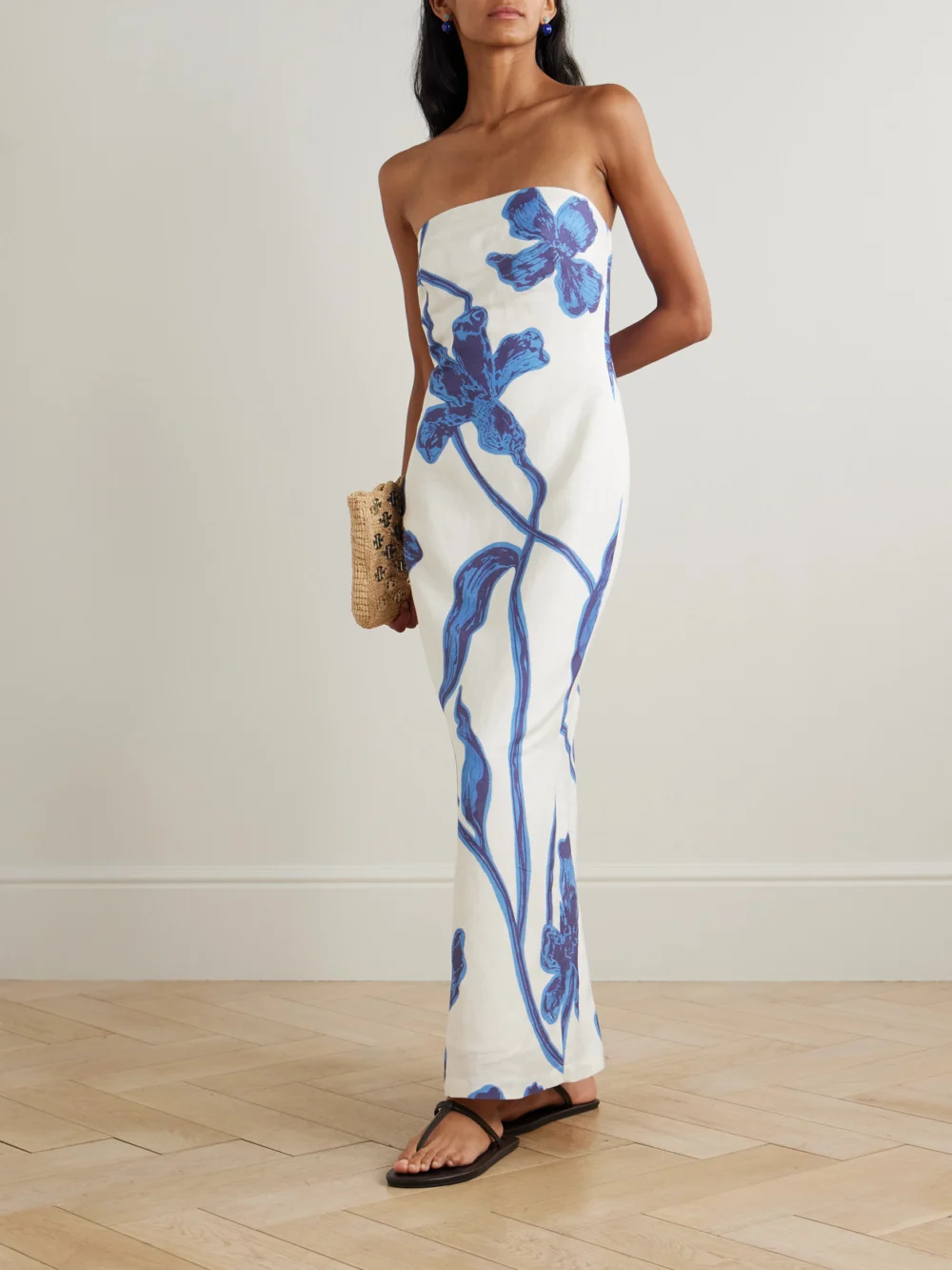 Andres Otalora Nosso Amor Strapless Floral-print Linen Maxi Dress, worn by a model