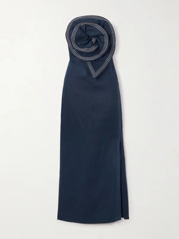 Andres Otalora Tactos Strapless Embroidered Appliquéd Linen Maxi Dress