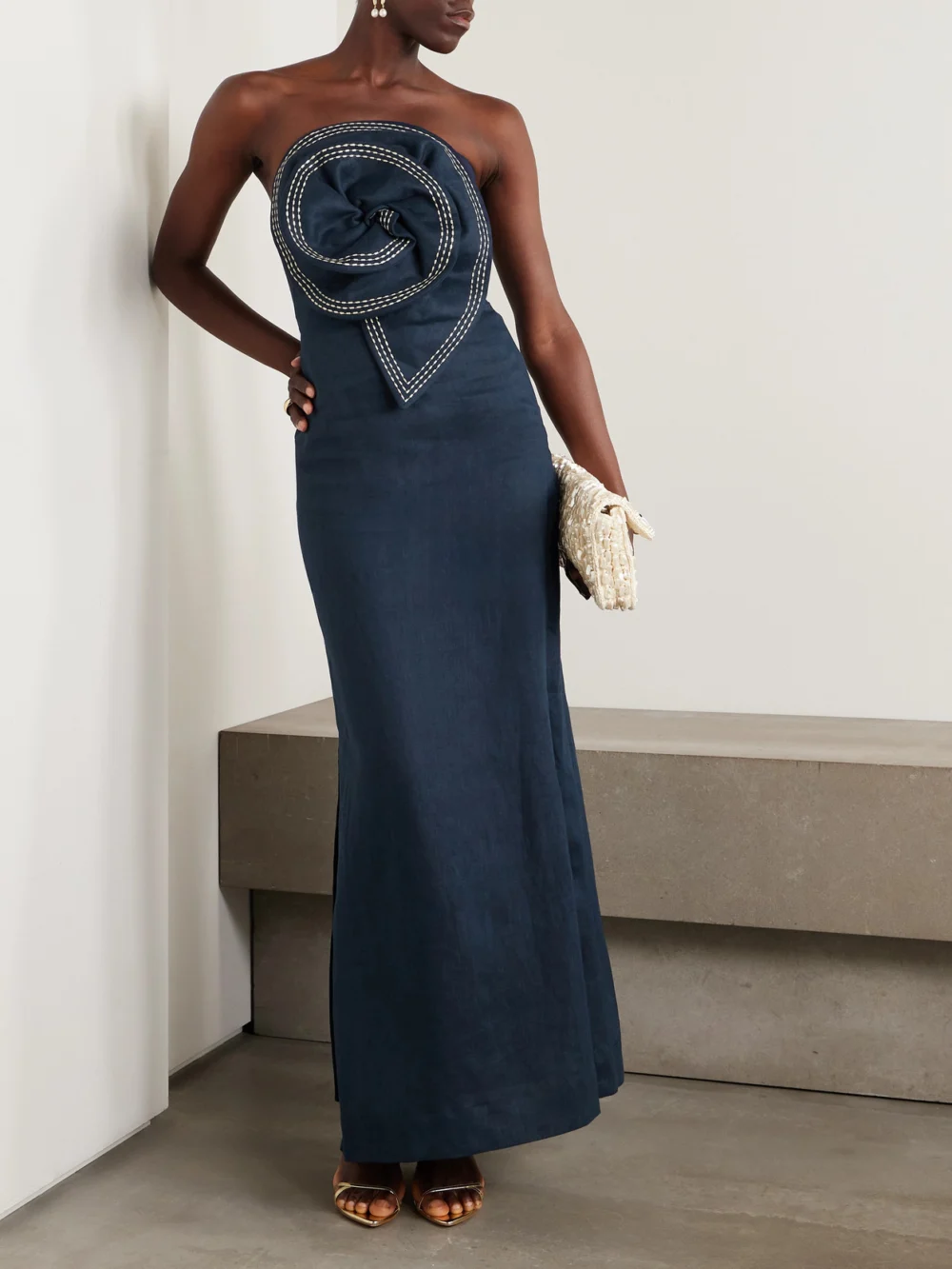 Andres Otalora Tactos Strapless Embroidered Appliquéd Linen Maxi Dress, worn by a model