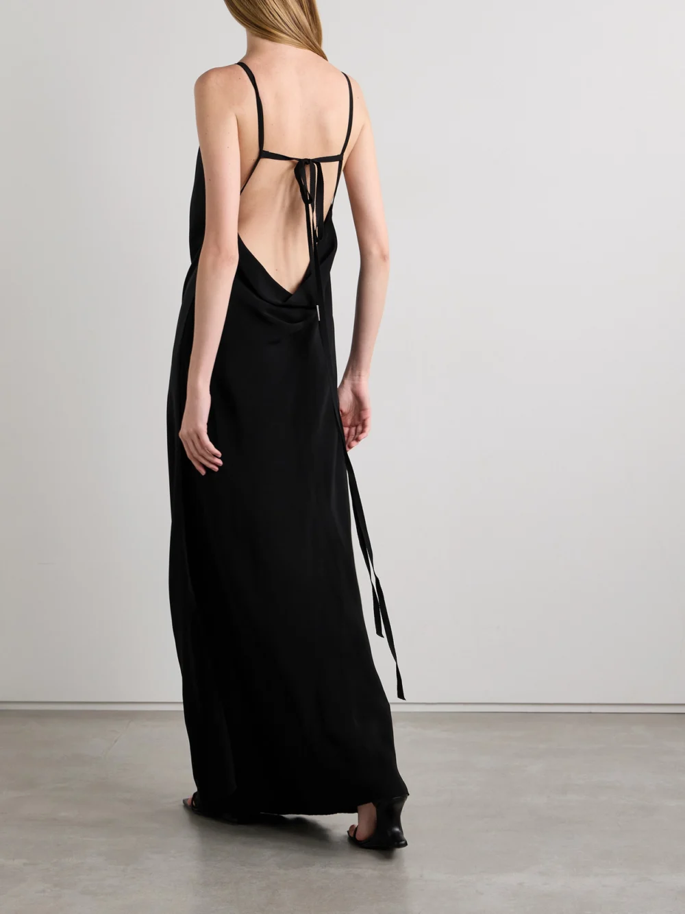 Back view of the Ann Demeulemeester Nura Layered Draped Crepe-trimmed Satin Maxi Dress