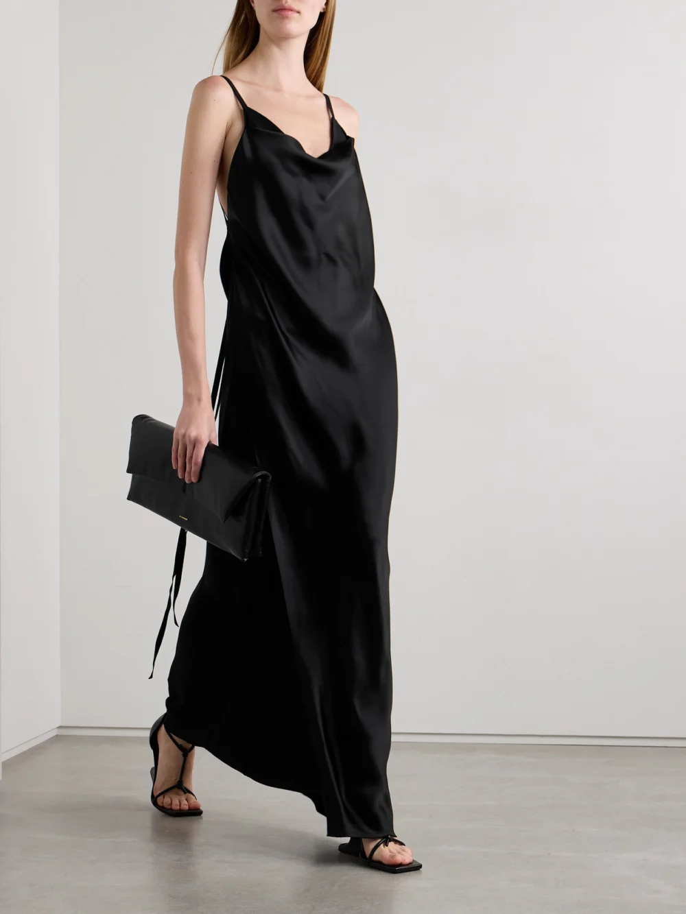Ann Demeulemeester Nura Layered Draped Crepe-trimmed Satin Maxi Dress, worn by a model