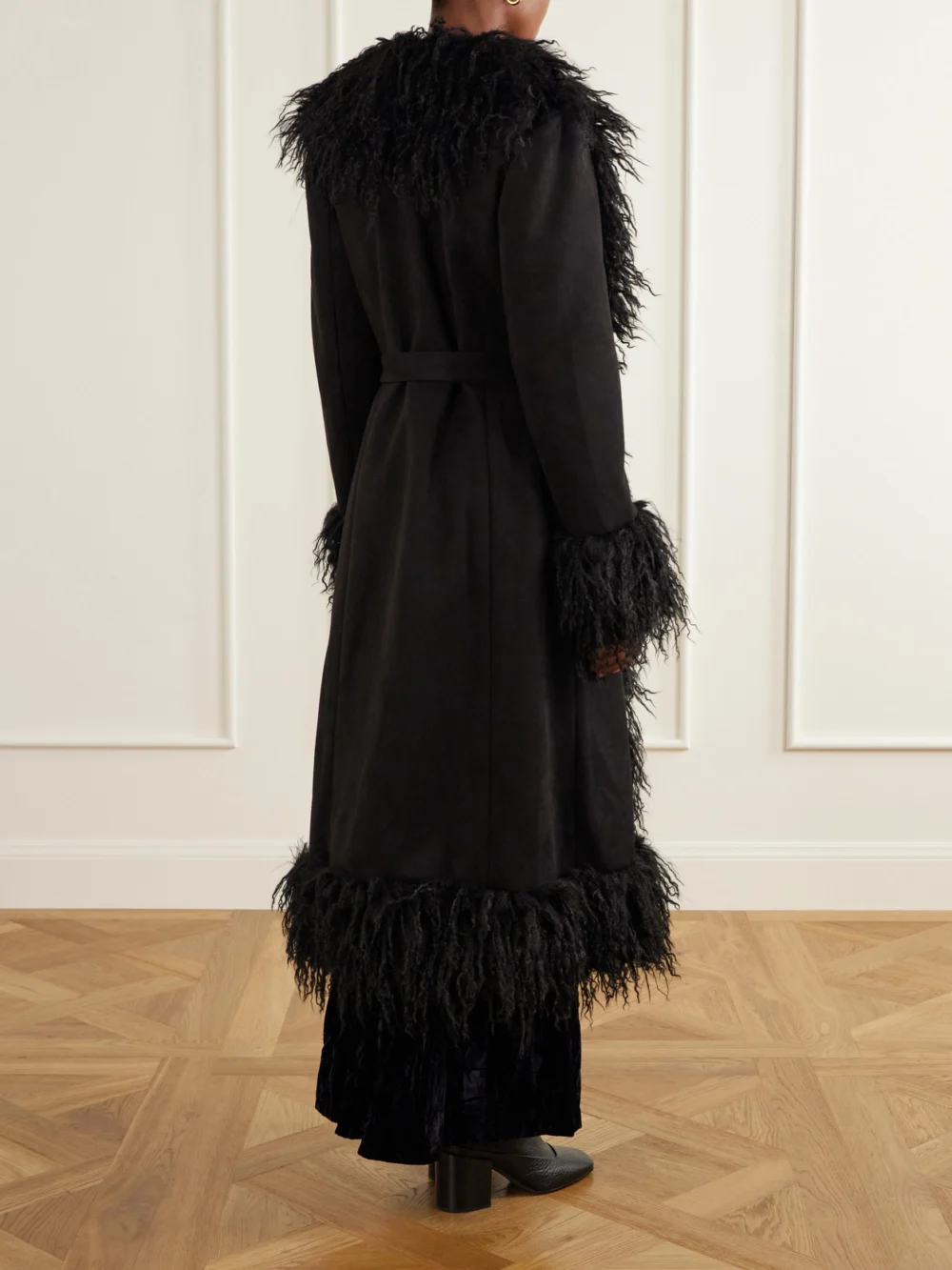 Back view of the Anna Sui Belted Plush-trimmed Woven Coat