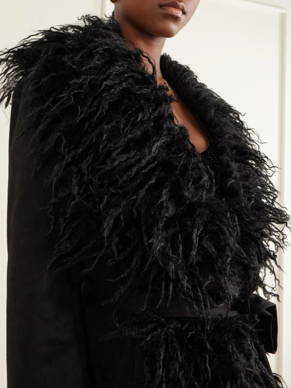 Close-up detail of the Anna Sui Belted Plush-trimmed Woven Coat