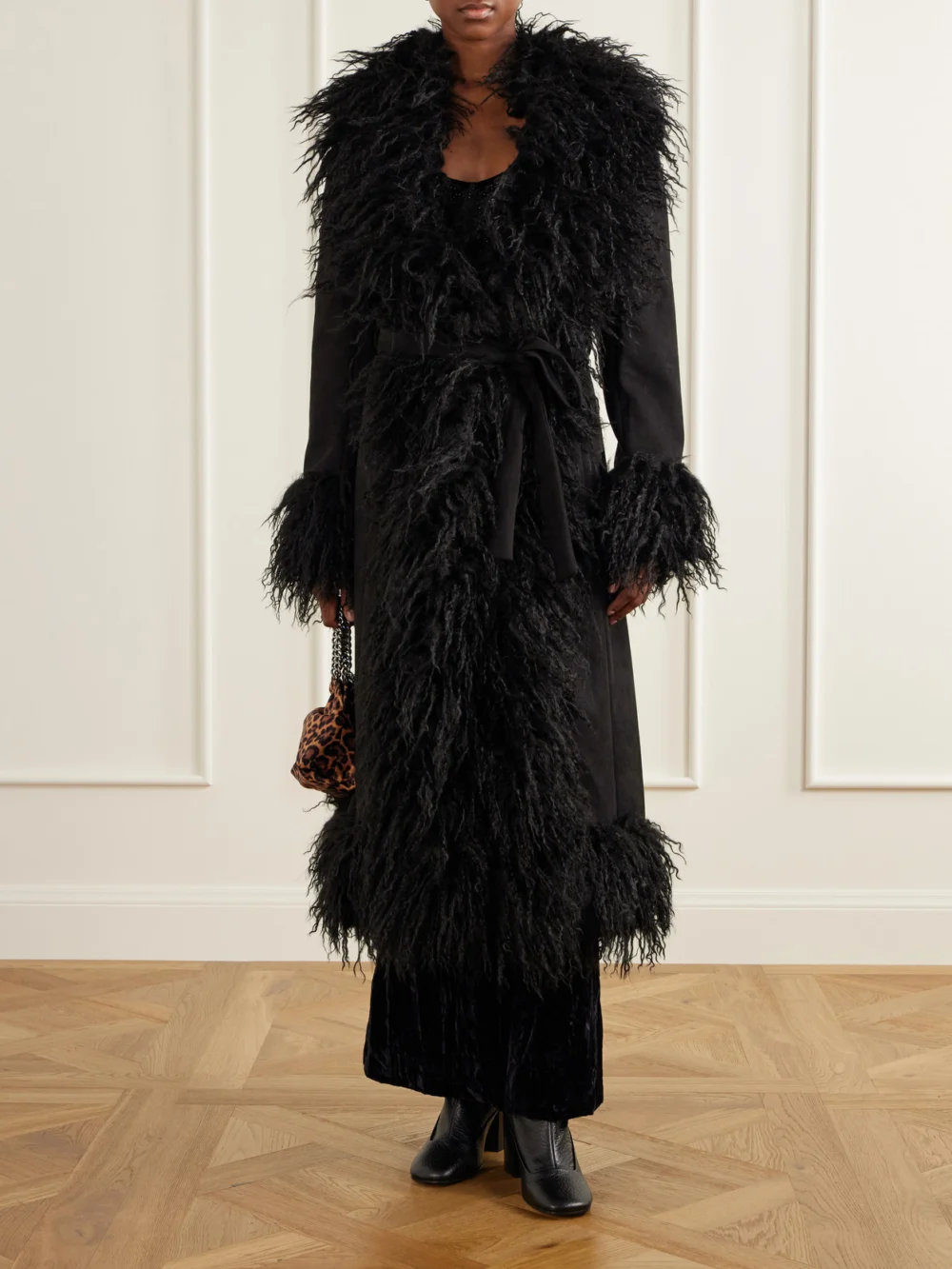 Anna Sui Belted Plush-trimmed Woven Coat, worn by a model