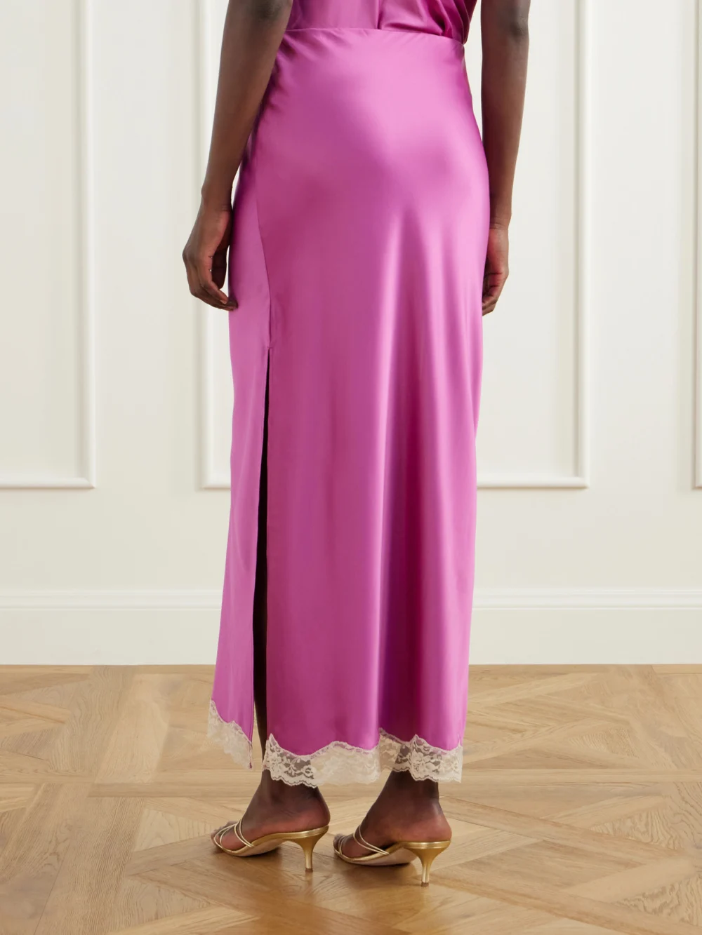 Back view of the Anna Sui Lace-trimmed Embroidered Satin Maxi Skirt