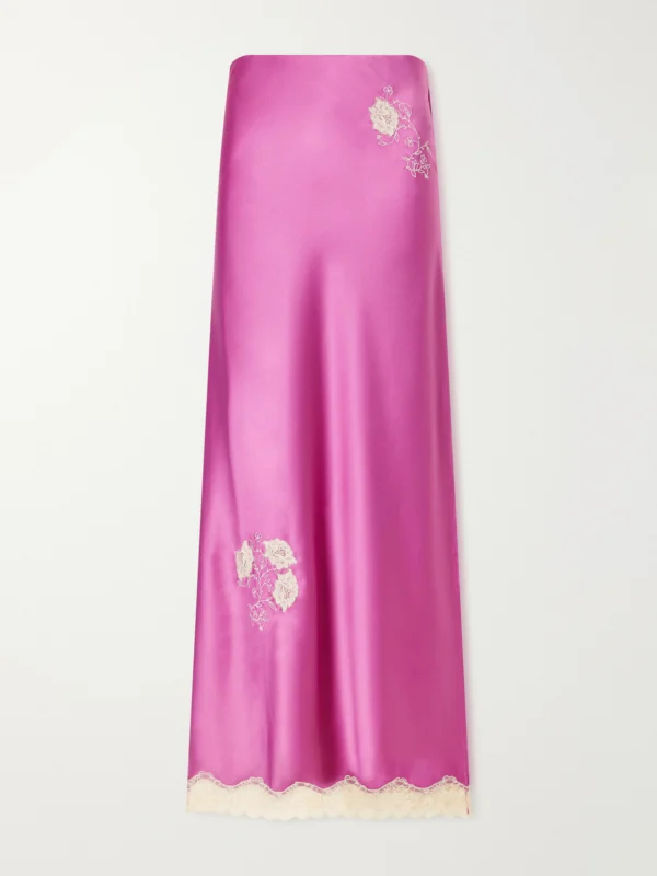 Anna Sui Lace-trimmed Embroidered Satin Maxi Skirt