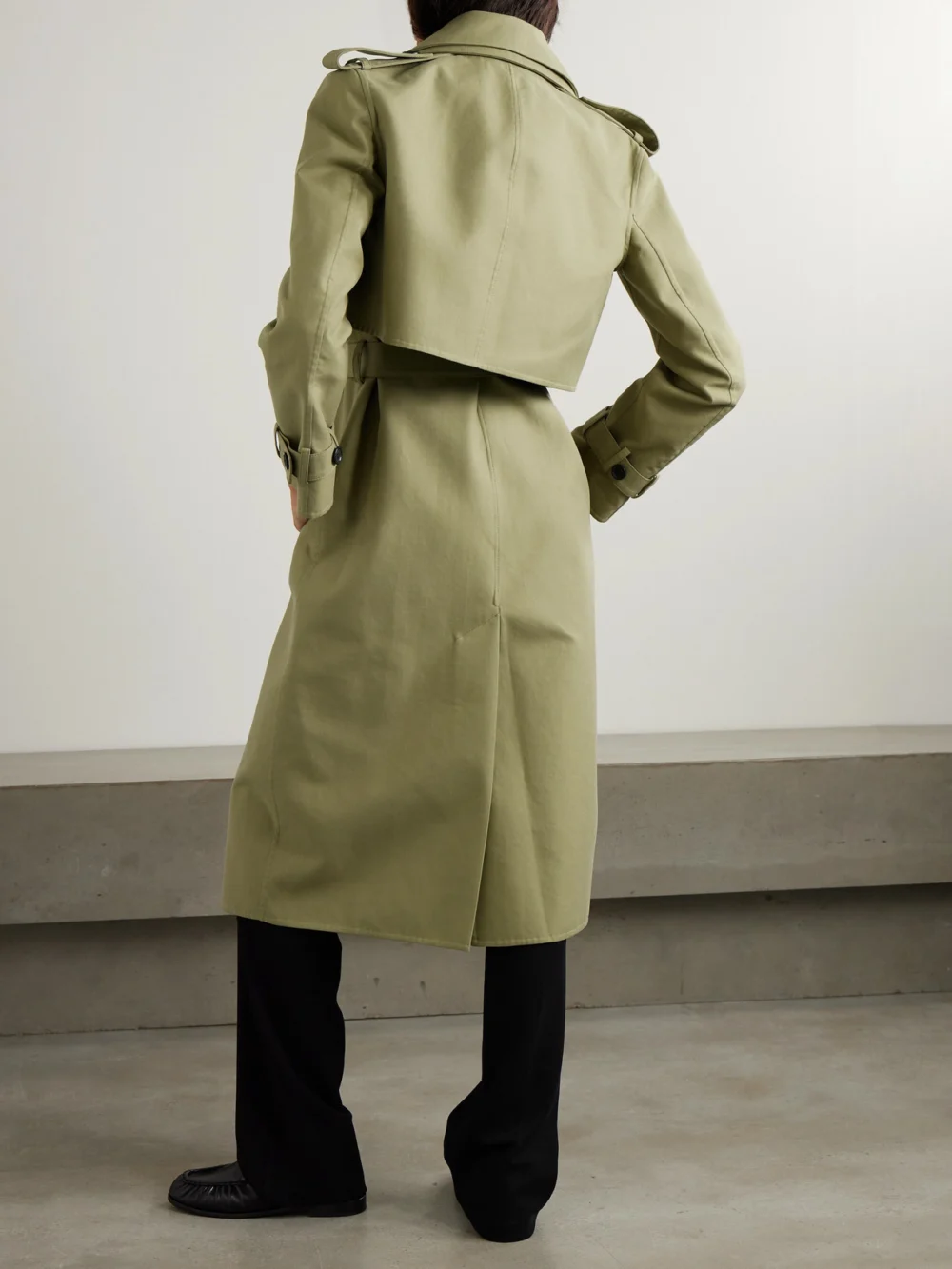 Back view of the Another Tomorrow Convertible Belted Double-breasted Cotton-twill Trench Coat