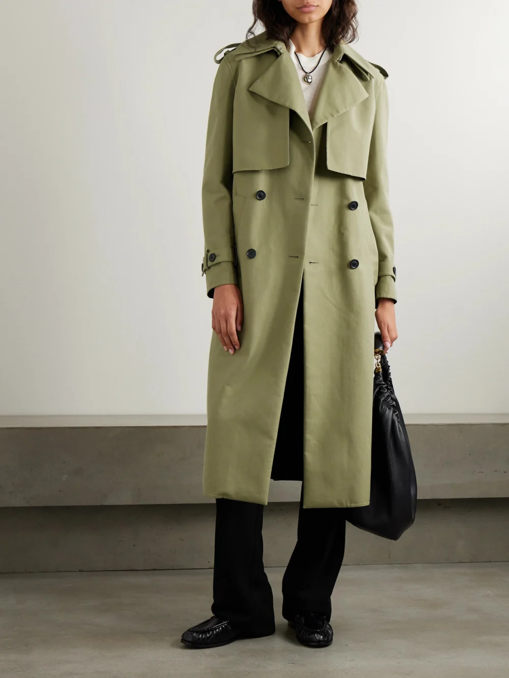 Another Tomorrow Convertible Belted Double-breasted Cotton-twill Trench Coat, worn by a model