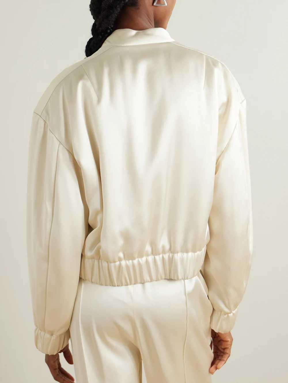 Back view of the Another Tomorrow Cropped Satin Bomber Jacket