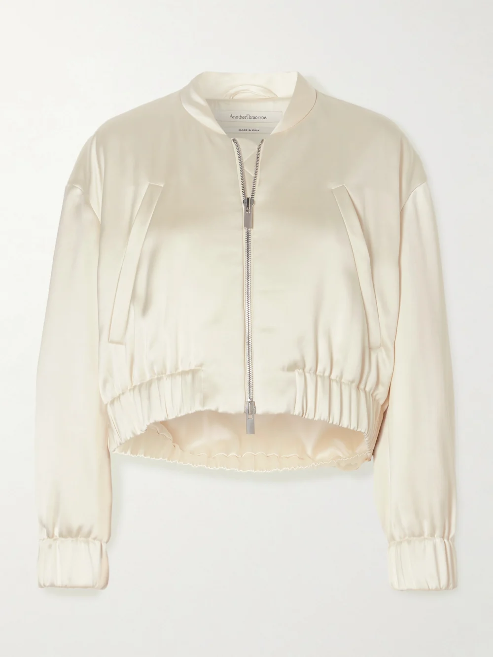 Another Tomorrow Cropped Satin Bomber Jacket in cream