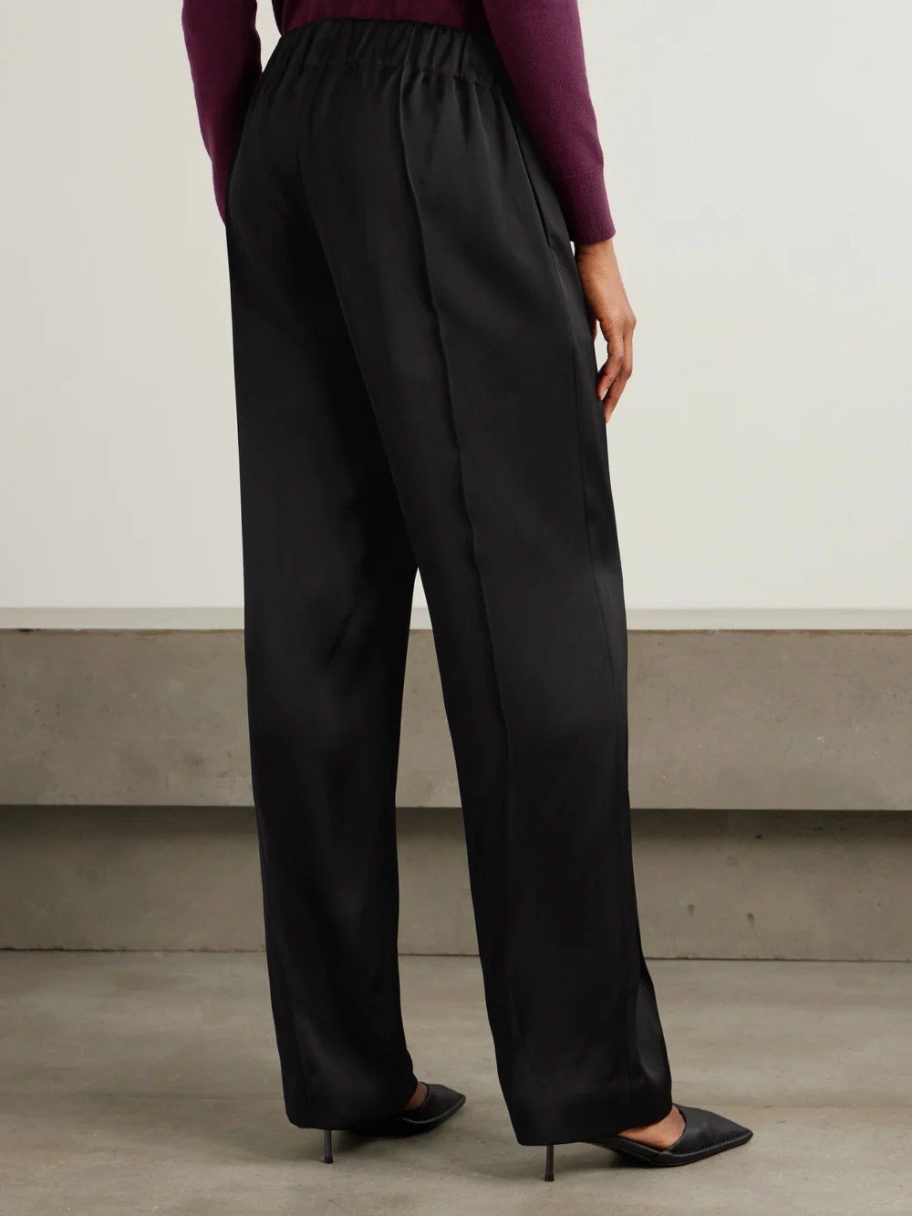 Back view of the Another Tomorrow Pleated Satin Straight-leg Track Pants