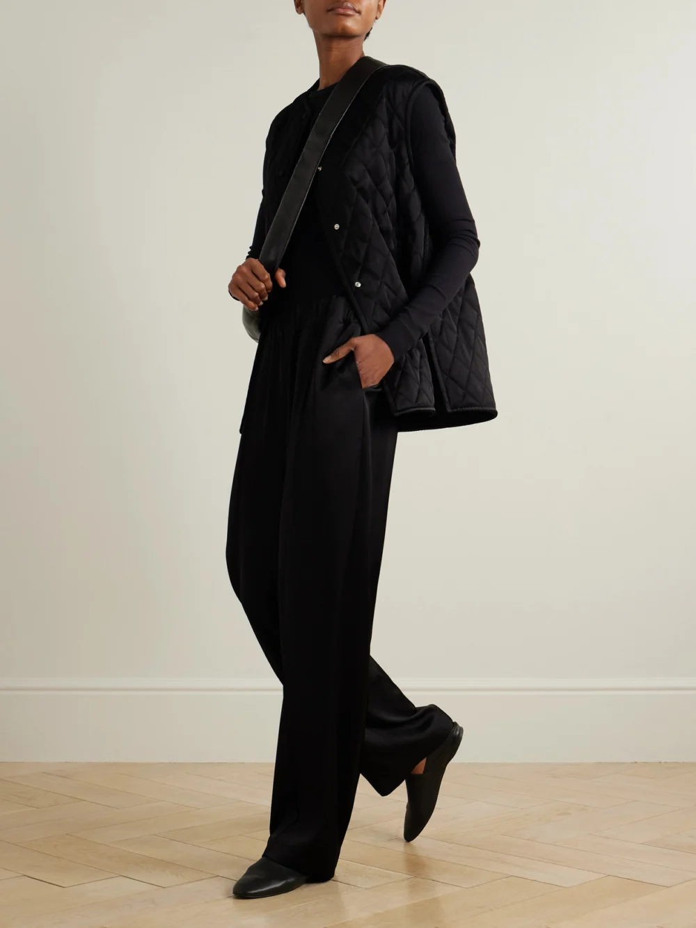 Another Tomorrow Pleated Satin Straight-leg Track Pants, worn by a model