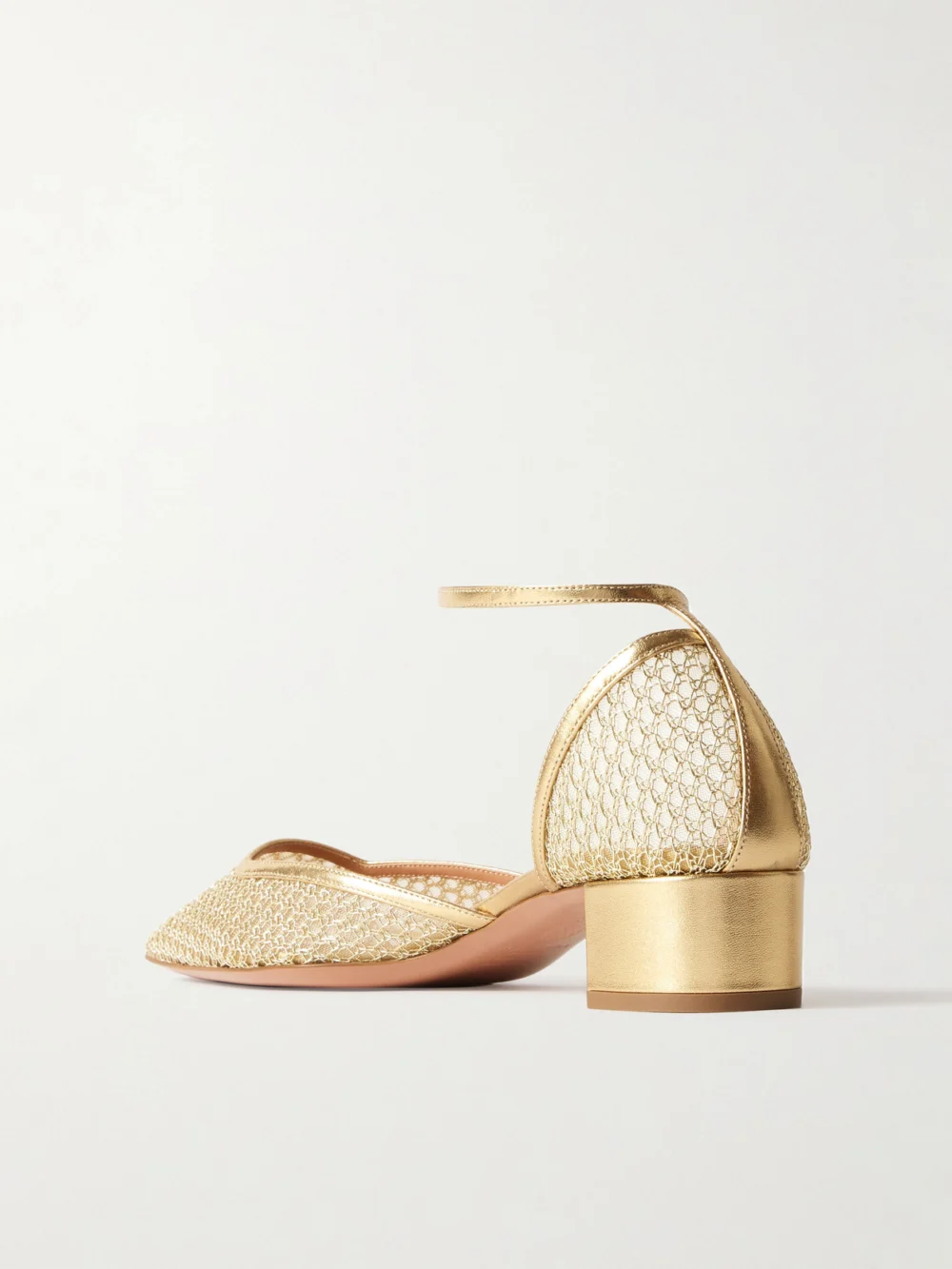 Back view of the Aquazzura Asha 35 Leather-trimmed Metallic Mesh Pumps