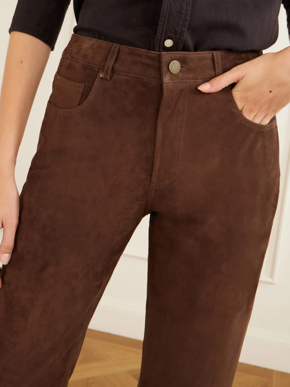 Close-up detail of the Arma Jean Suede Straight-leg Pants