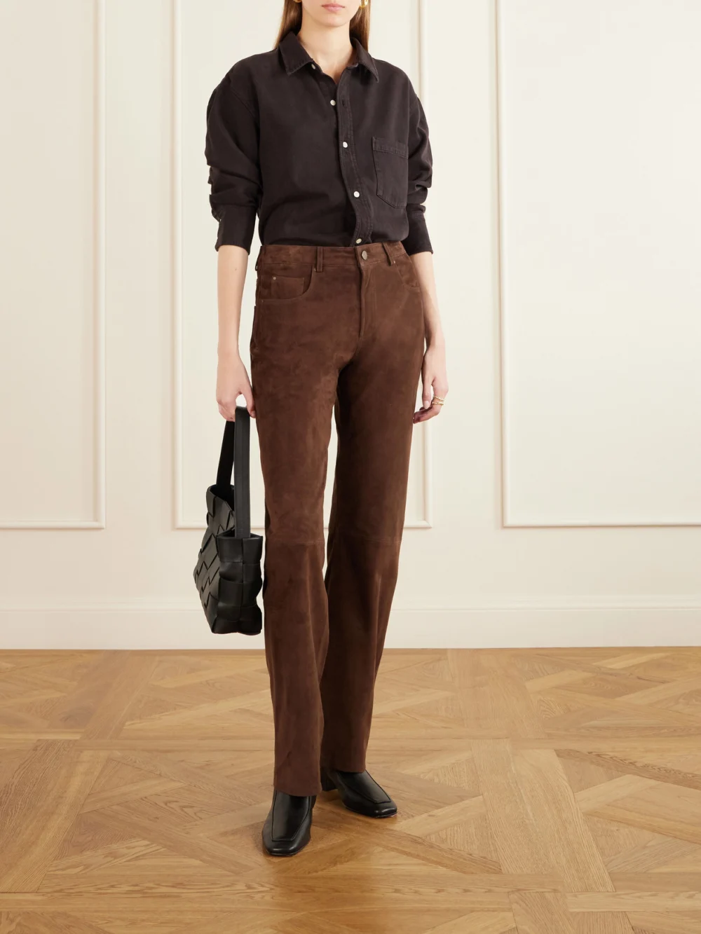 Arma Jean Suede Straight-leg Pants, worn by a model