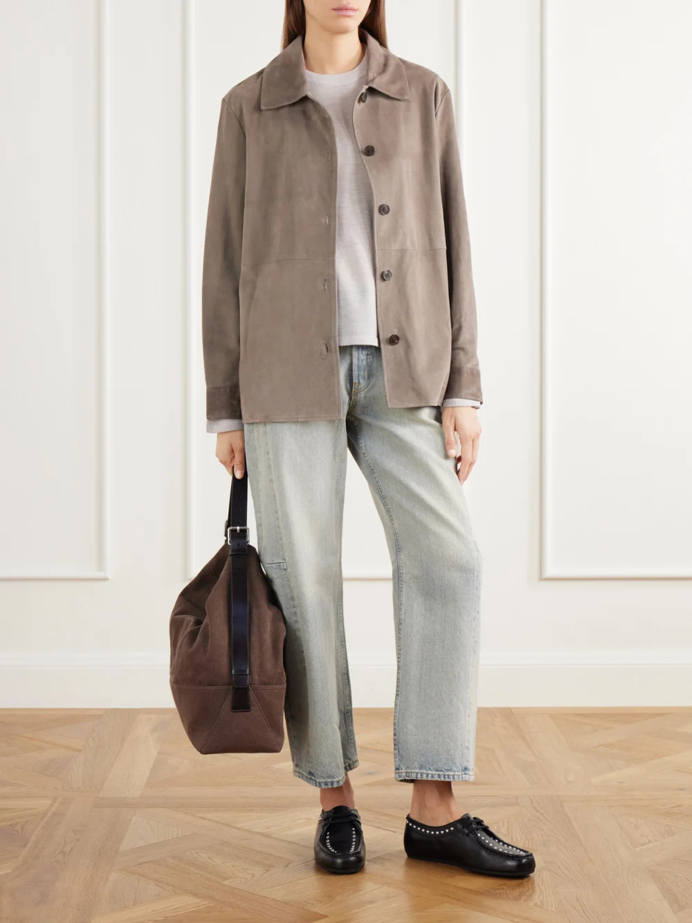 Arma Vicky Paneled Suede Jacket, worn by a model