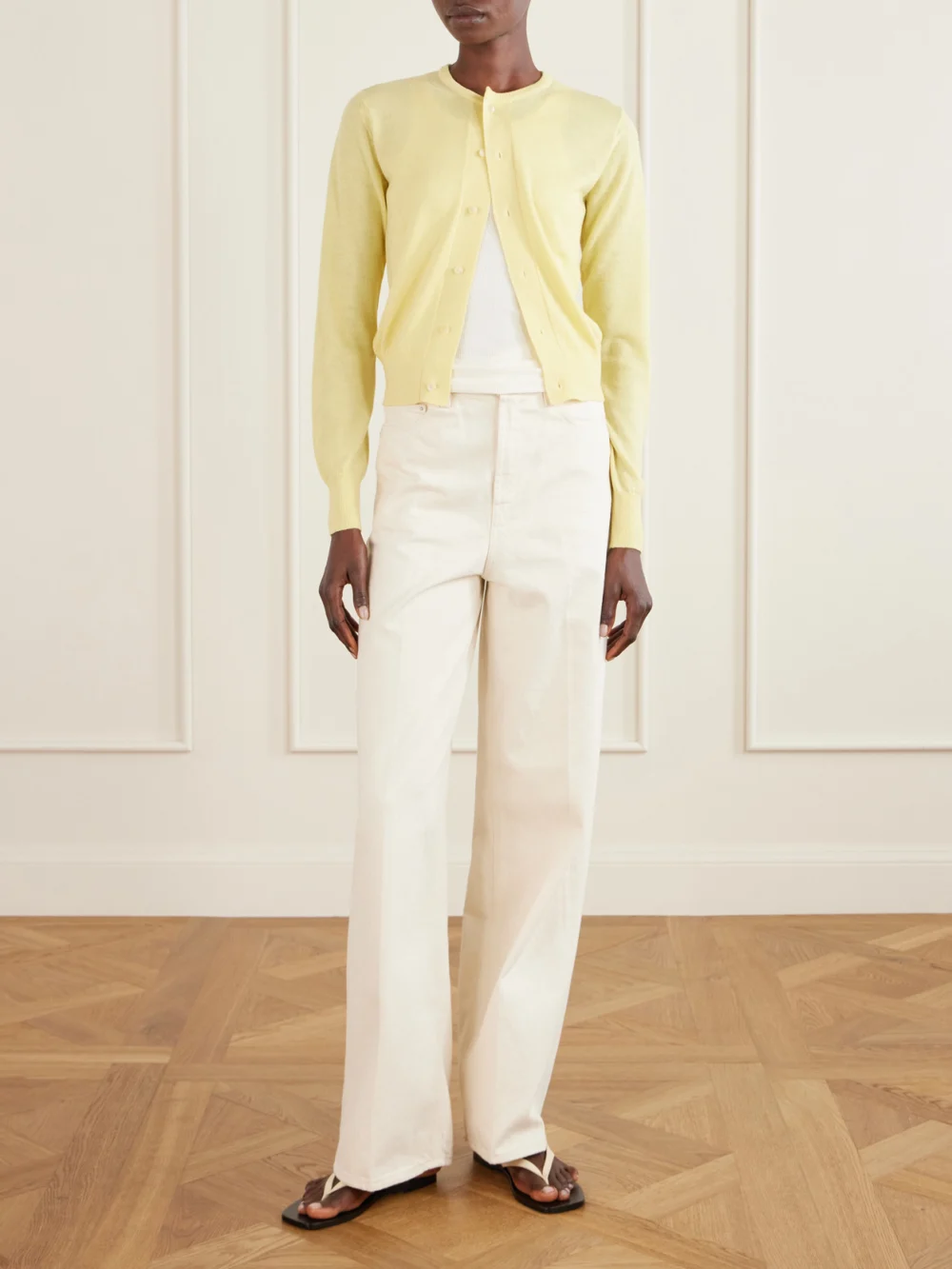 Auralee Cashmere Cardigan, worn by a model