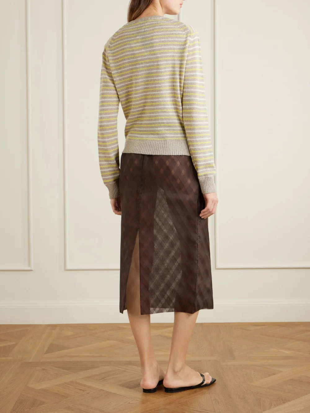 Back view of the Auralee Striped Cashmere Sweater