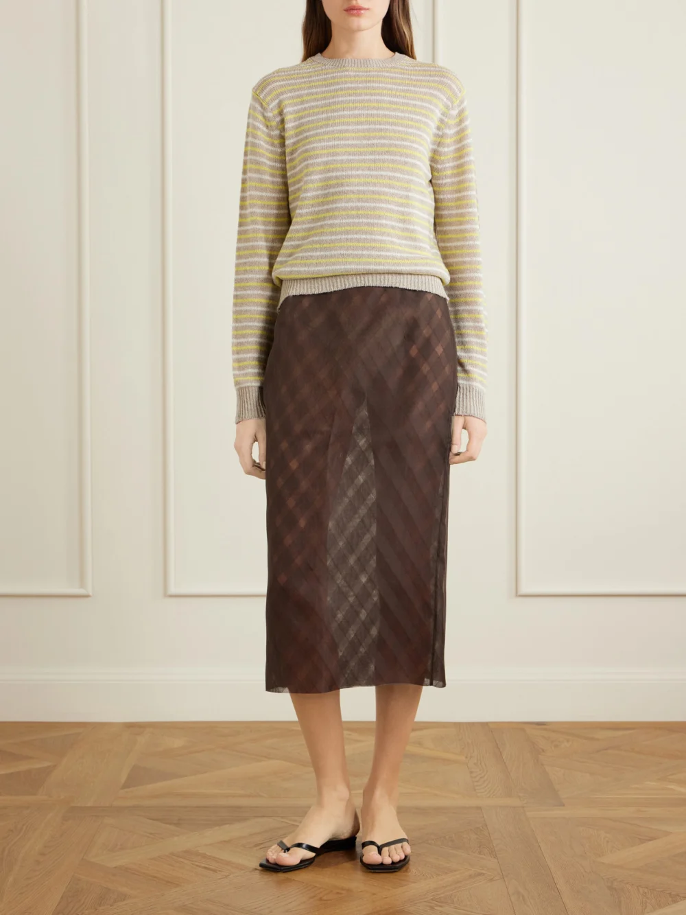 Auralee Striped Cashmere Sweater, worn by a model