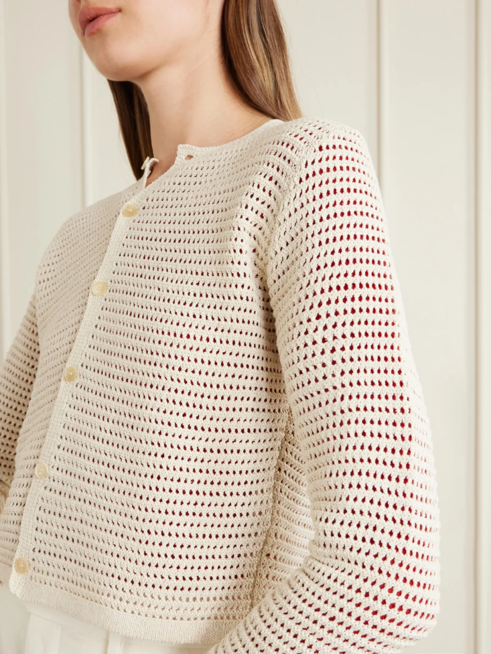Close-up detail of the Auralee Tussah Crocheted Silk and Cotton-blend Cardigan