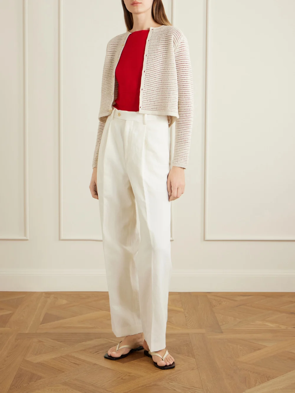 Auralee Tussah Crocheted Silk and Cotton-blend Cardigan, worn by a model