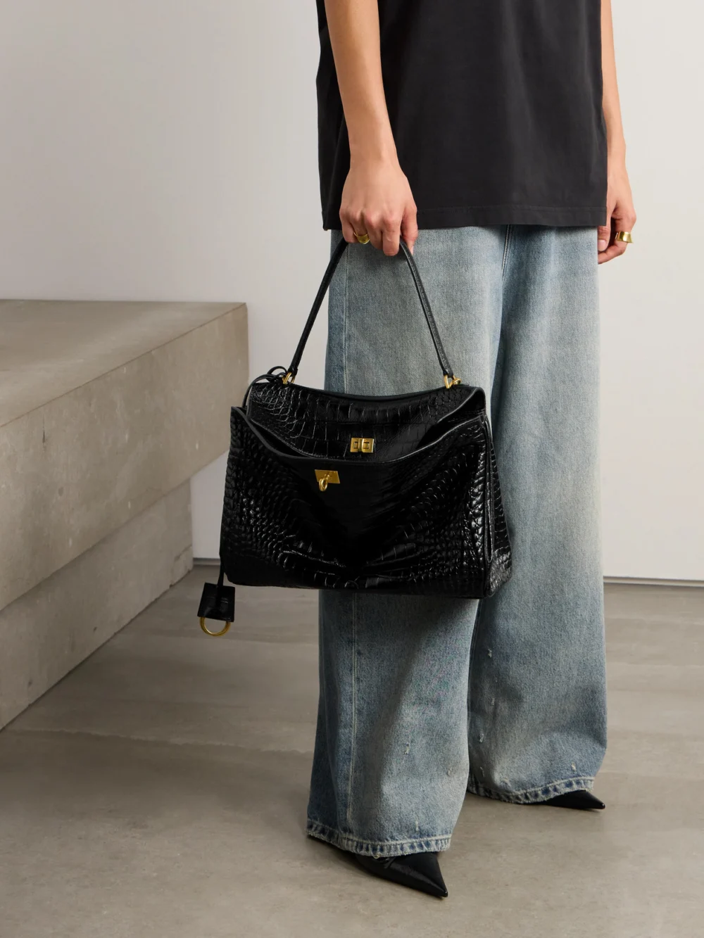 Balenciaga Rodeo Medium Croc-effect Leather Shoulder Bag, styled view
