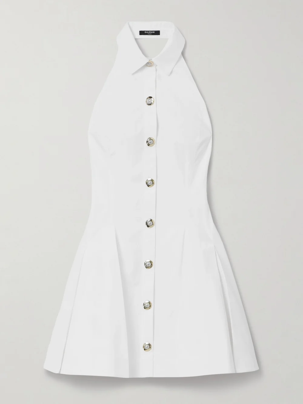 Balmain Pleated Cotton-poplin Halterneck Mini Dress in white