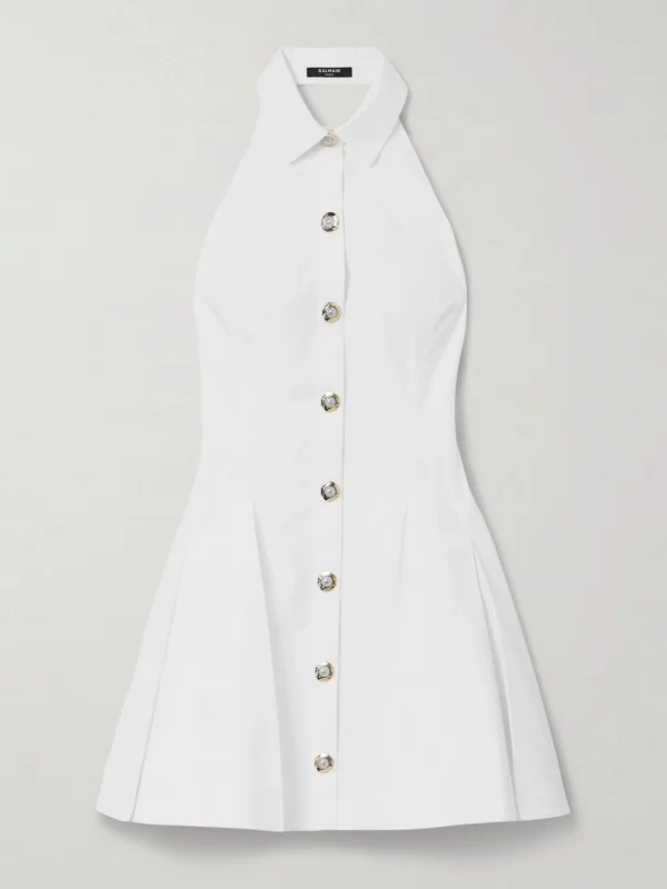 Balmain Pleated Cotton-poplin Halterneck Mini Dress