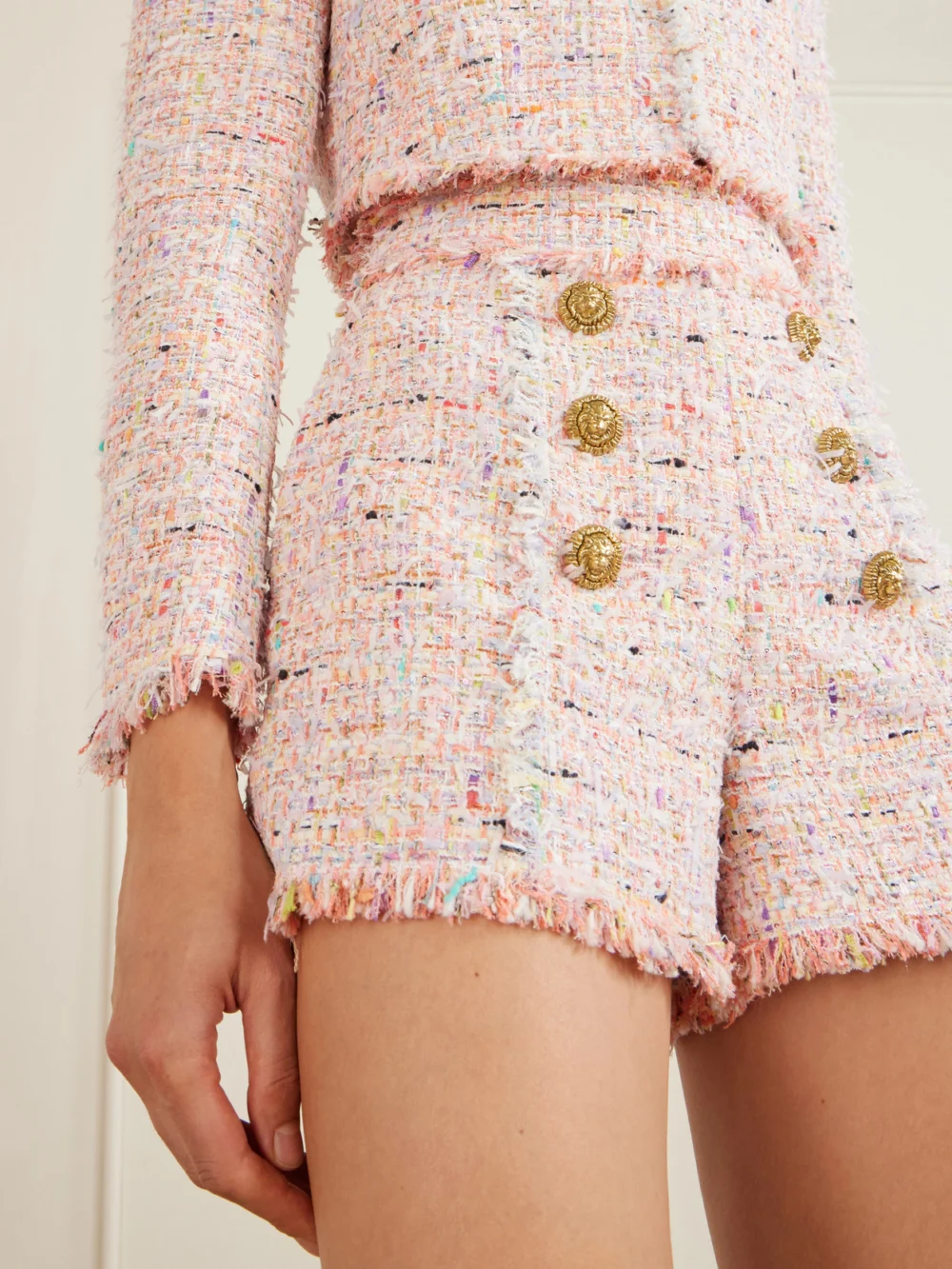 Close-up detail of the Balmain Tweed Shorts