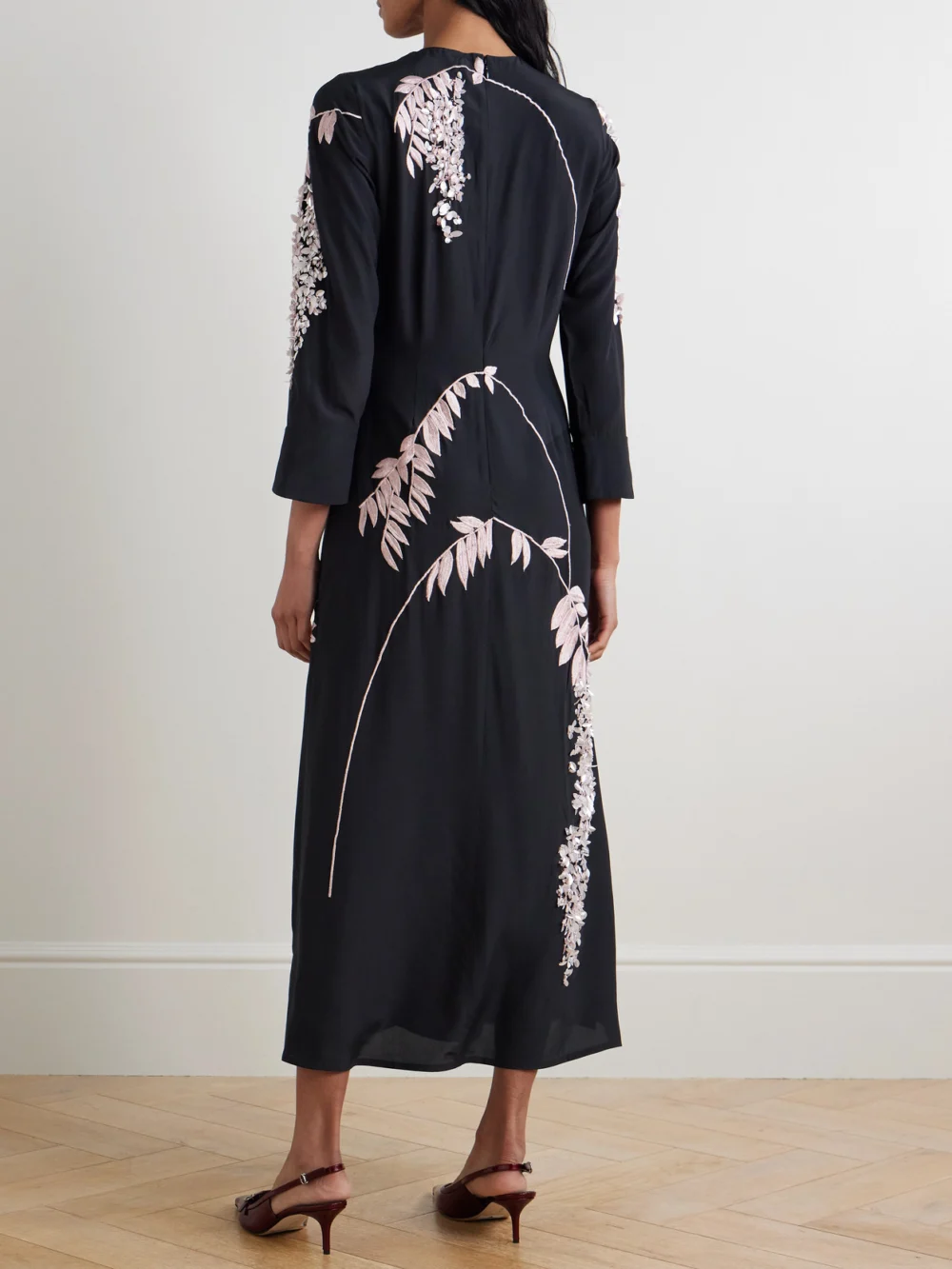Back view of the Bernadette Harry Embellished Silk Crepe De Chine Midi Dress
