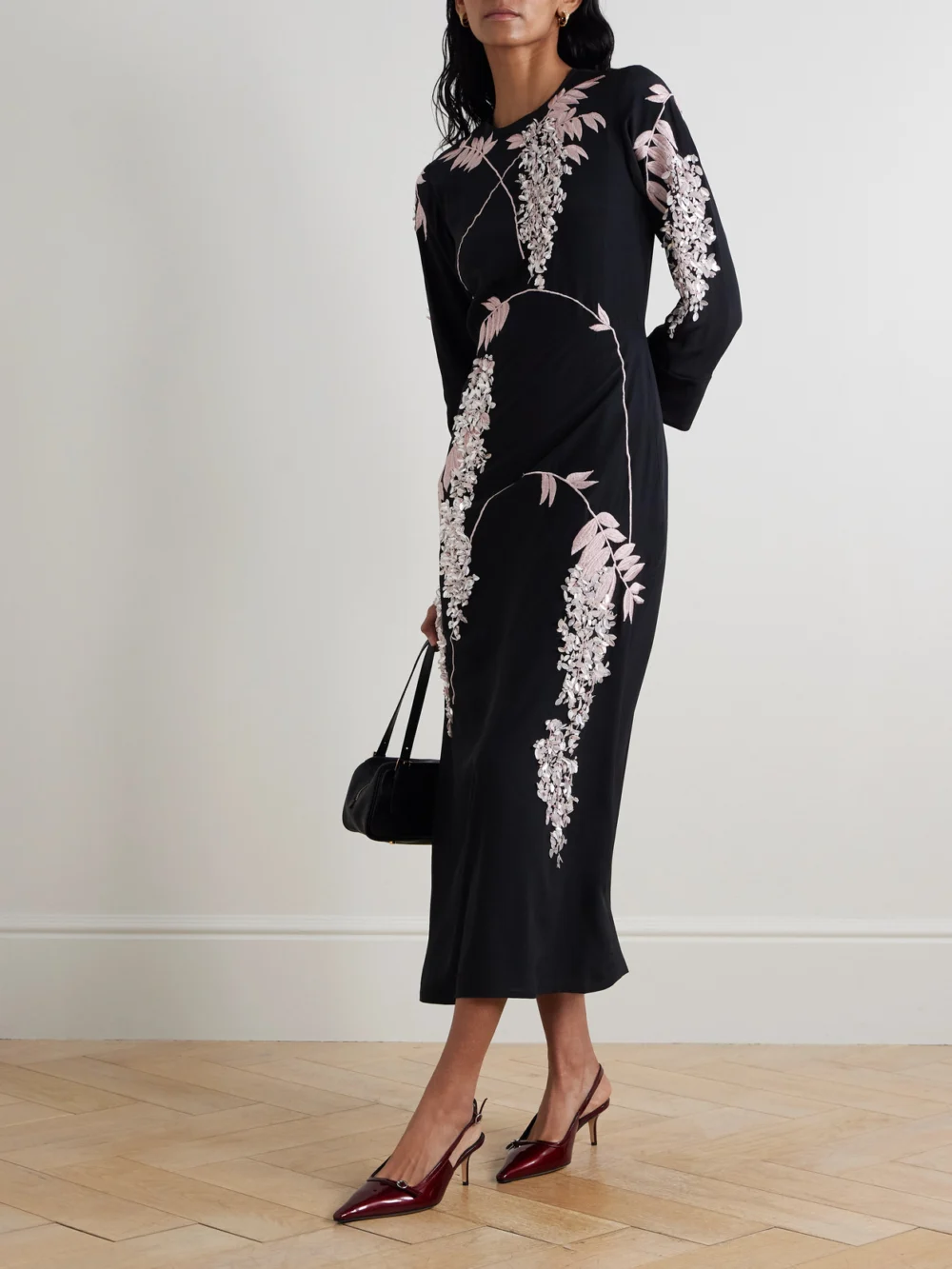 Bernadette Harry Embellished Silk Crepe De Chine Midi Dress, worn by a model
