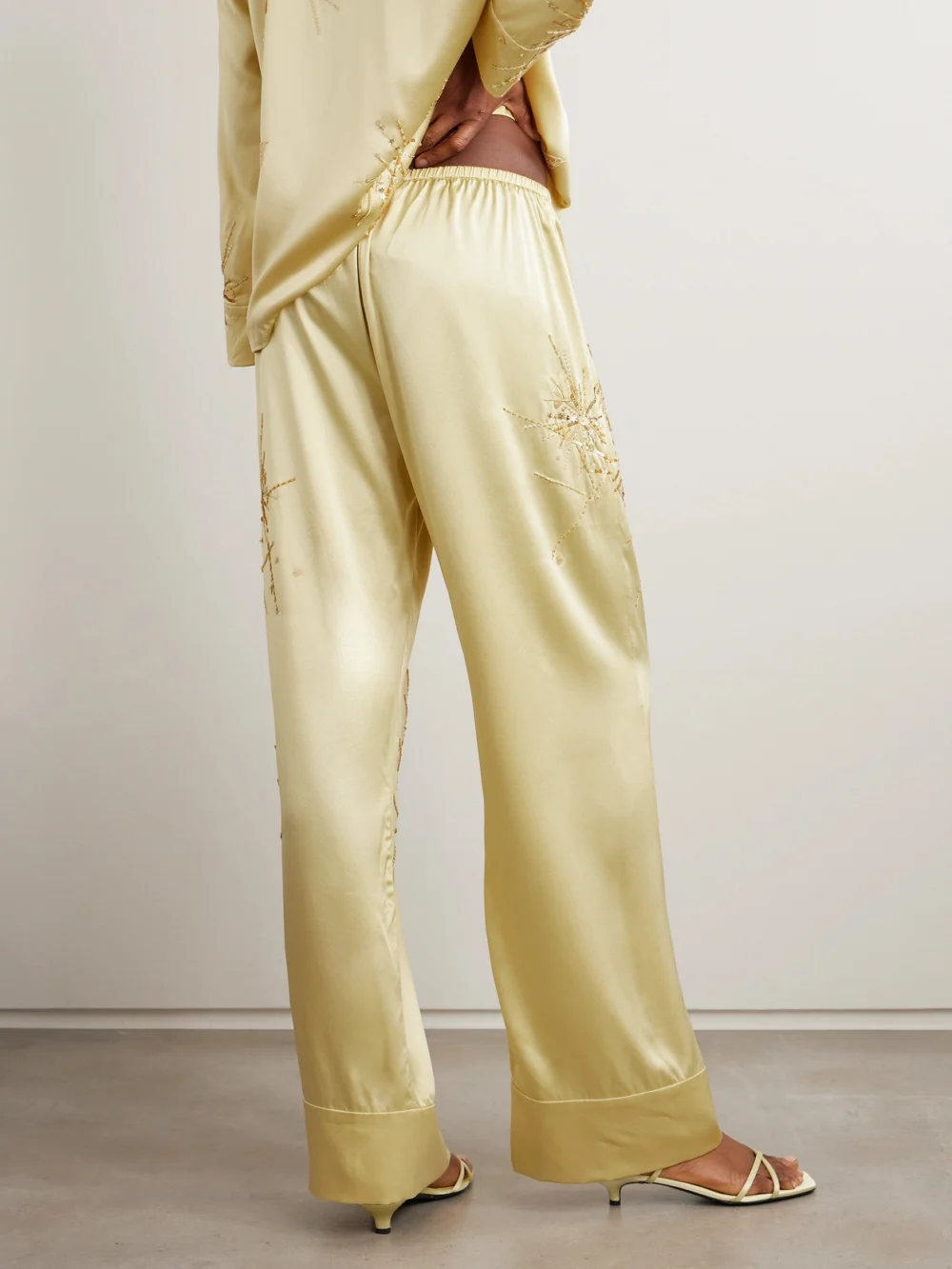 Back view of the Bernadette Louis Embellished Silk-blend Satin Wide-leg Pants