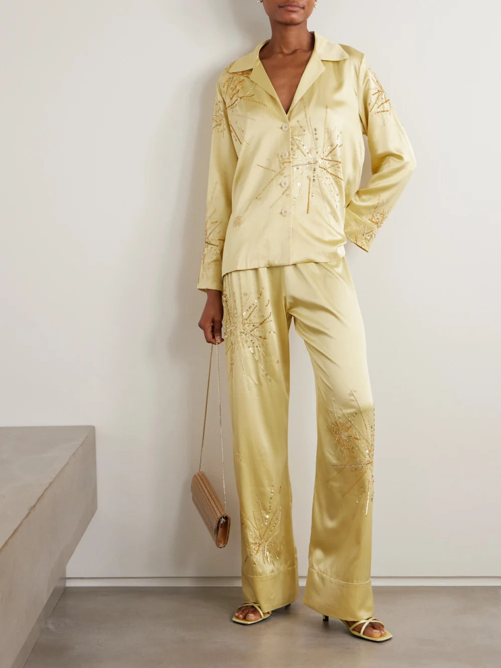 Bernadette Louis Embellished Silk-blend Satin Wide-leg Pants, worn by a model