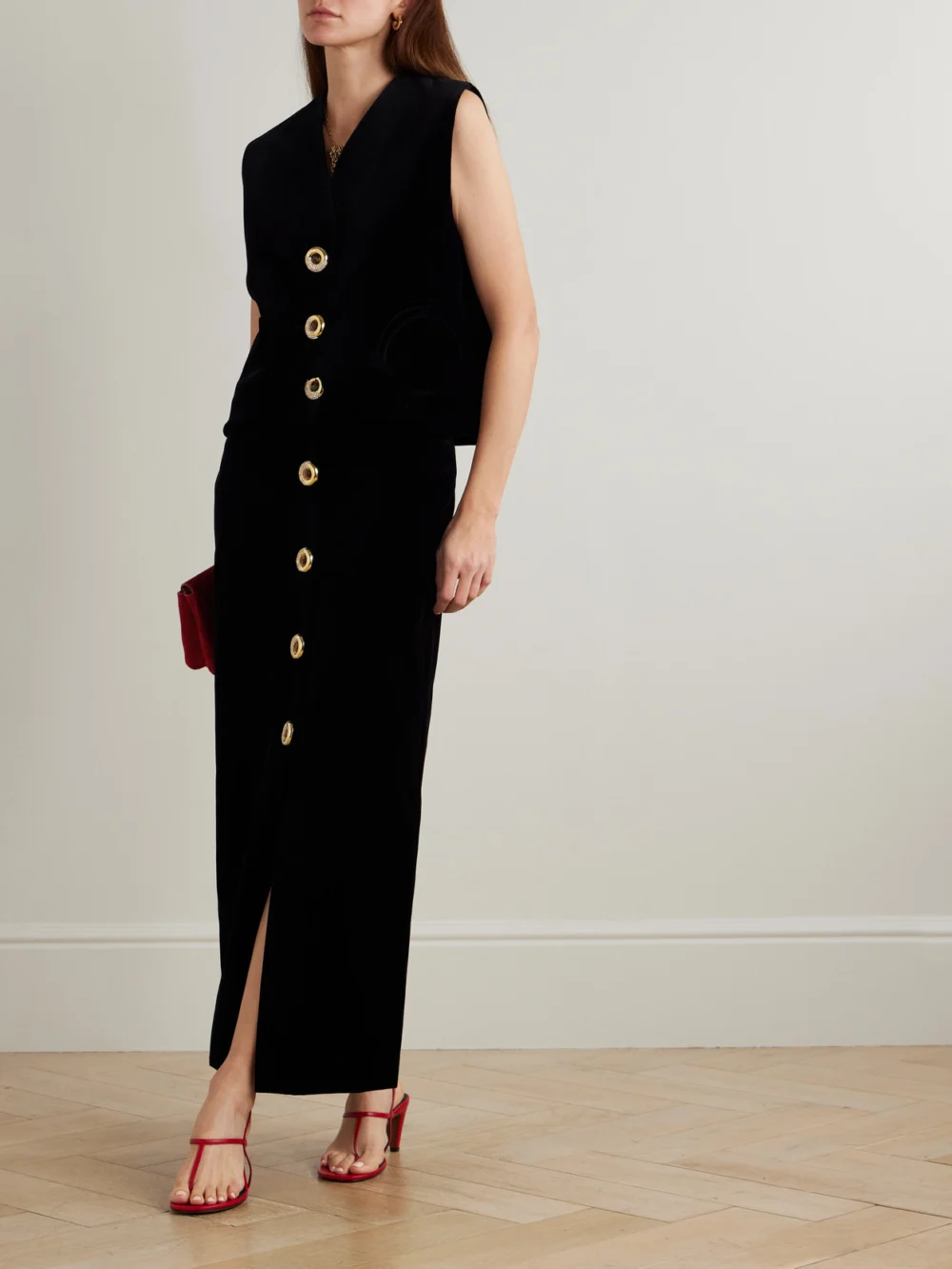 BLAZÉ Milano Jealousy Gliss Crystal-embellished Cotton-velvet Vest, worn by a model