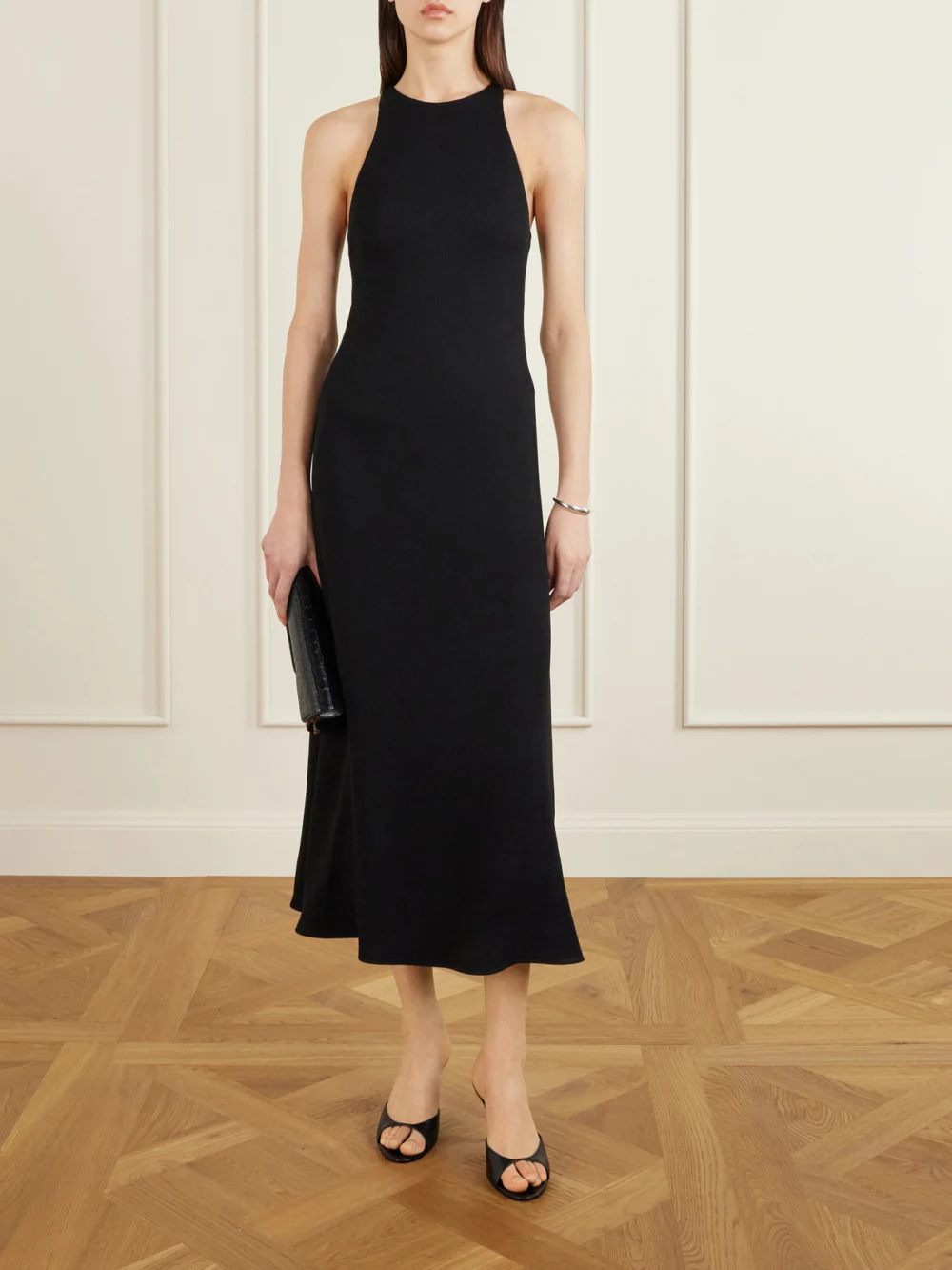 BLAZÉ Milano Skyros Pleated Crepe Midi Dress, worn by a model